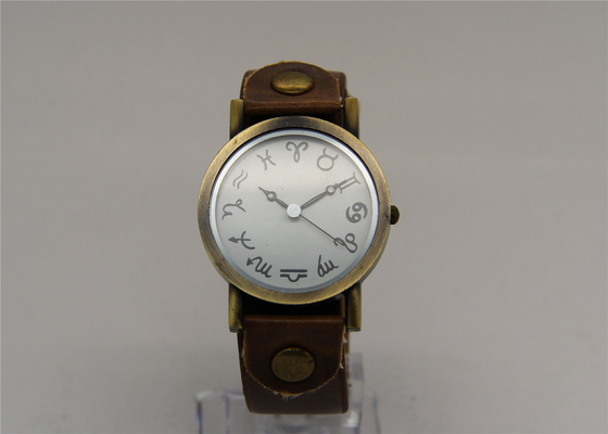 Antique Brass Leather Strap Watches analog quartz movement Zodiac sign number