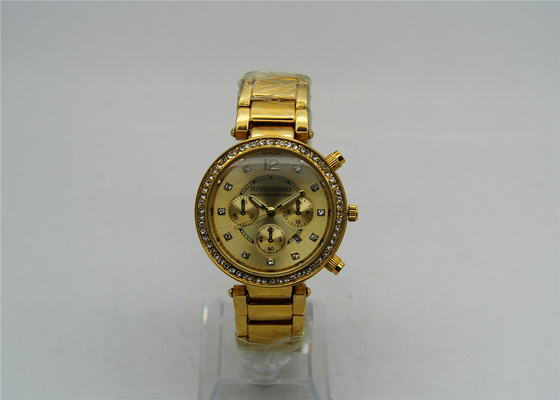 mouvement analogue de quartz de montre-bracelet en laiton de monsieur de l'or 18K avec les pierres brillantes